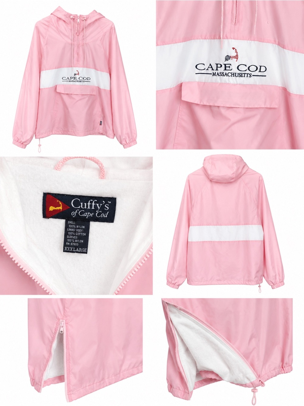 Vintage Bubblegum pink and white Cuffys of cape cod hooded windbreaker .
